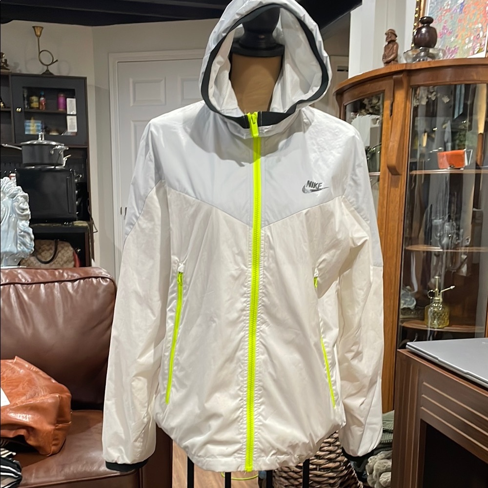 Nike White and Neon Green Hooded Jacket